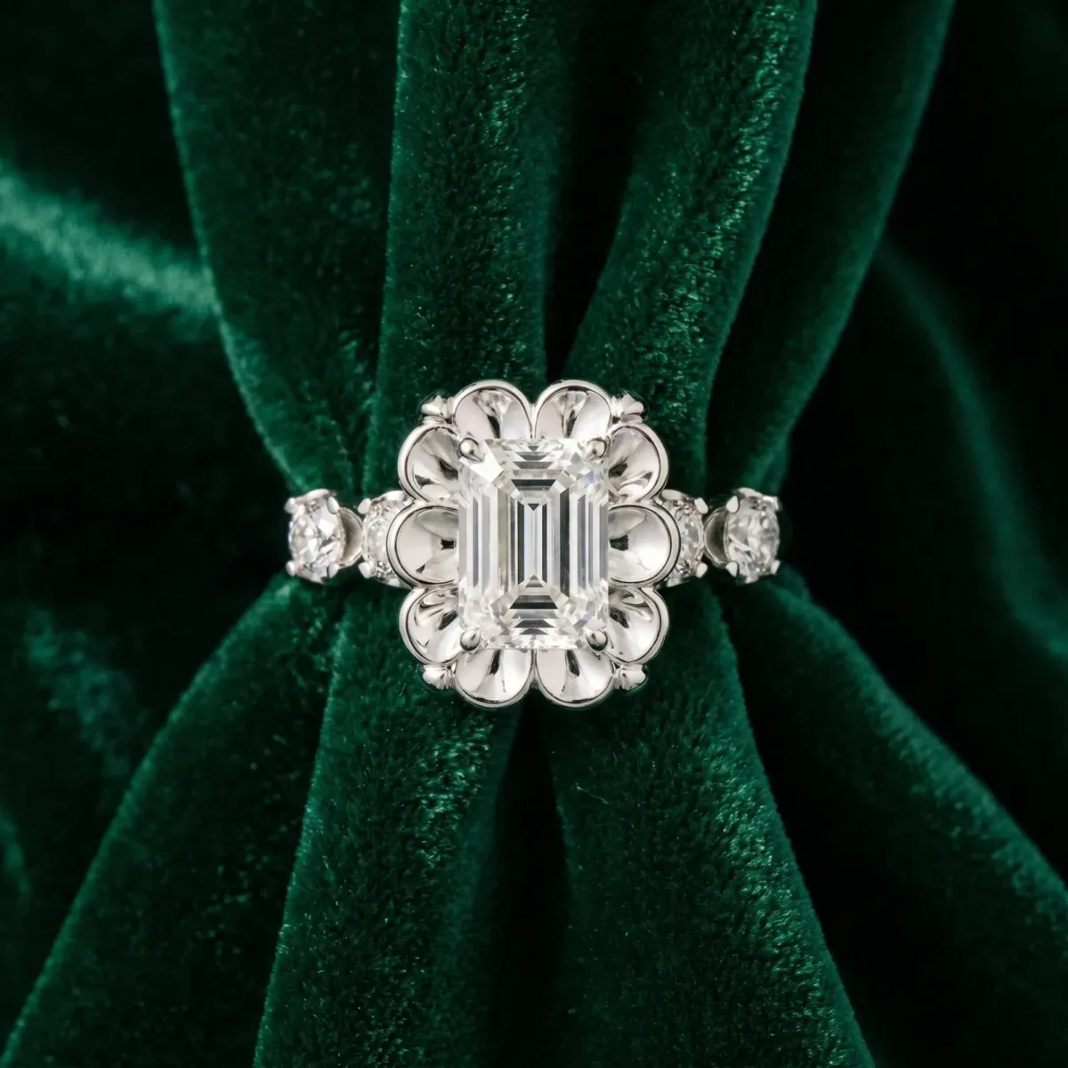 Emerald Cut Cut Diamond Floral Halo Engagement Ring with Shared Prong Setting Silver