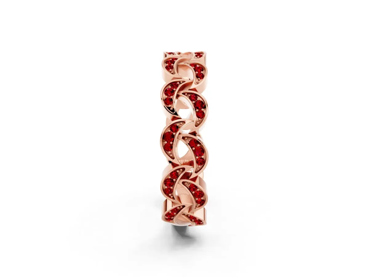 Pavé Round Ruby Interlocking Eternity Band with Bezel Prong Setting Rose gold