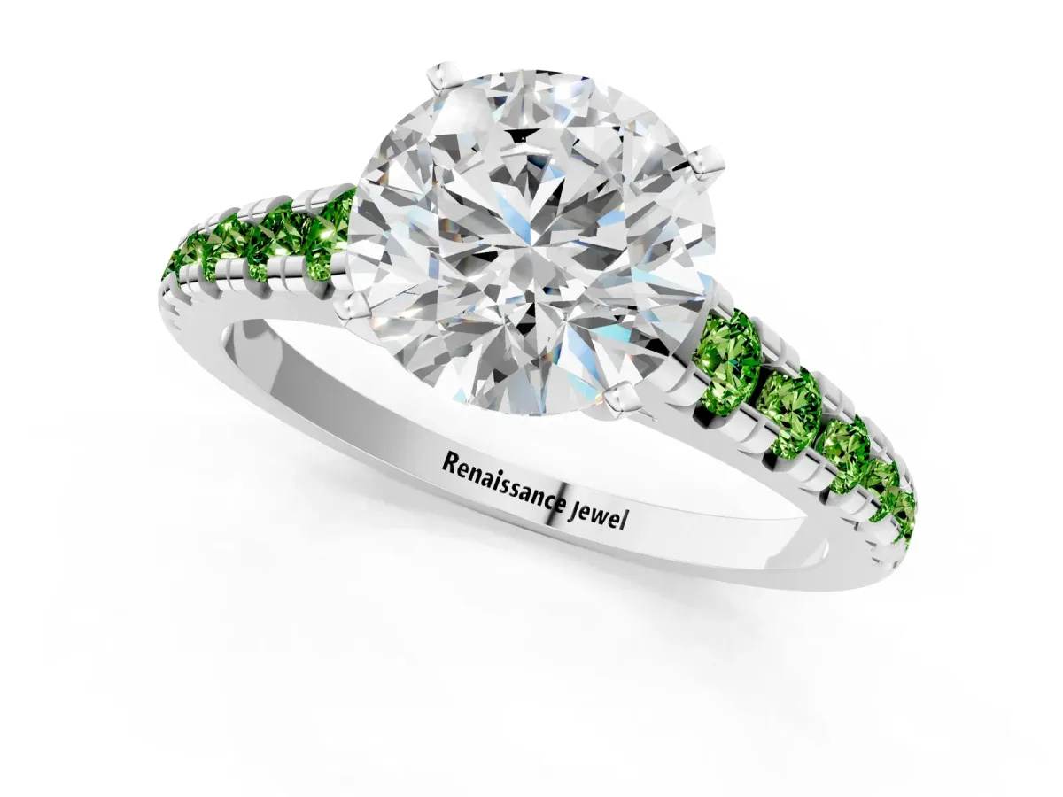 Round Cut Diamond Cathedral Solitaire Ring with Round Peridot Pavé Band Silver