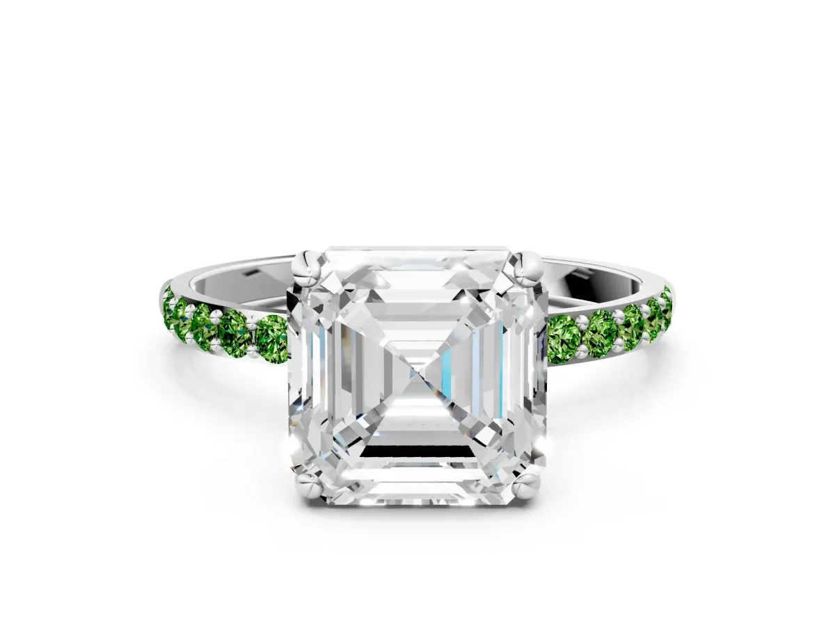 Asscher Cut Diamond Solitaire Ring with Round Peridot Pavé Band and Prong Setting Silver