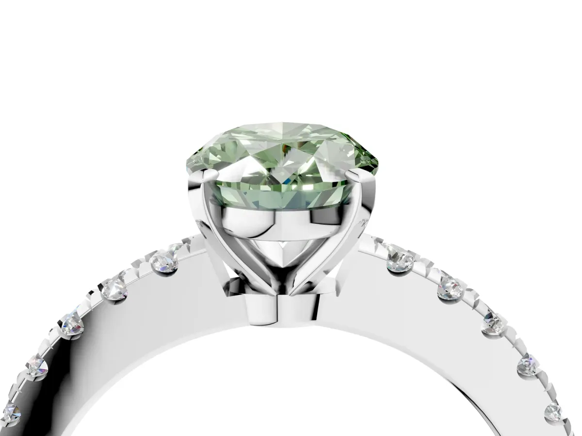 Fancy Green Oval Cut Solitaire Diamond with Pavé Band and Four-Prong Setting Silver