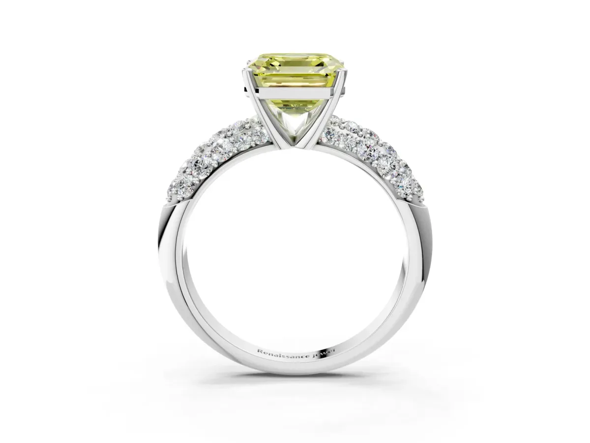 Fancy Yellow Asscher Cut Diamond Pavé Band Solitaire Ring with Four-Prong Setting Platinum