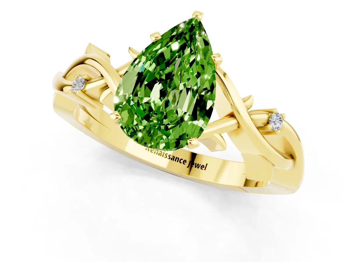 Pear Cut Peridot Solitaire Ring with Twisted Band and Prong Setting Yellow gold