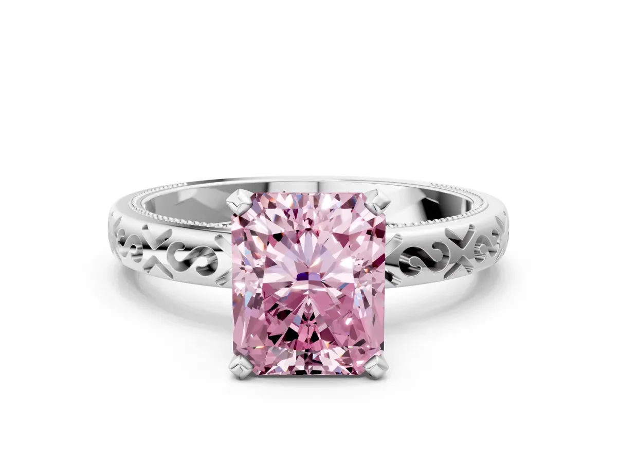 Fancy Pink Radiant Cut Solitaire Engagement Ring with Scrollwork Band and Four-Prong Setting Platinum