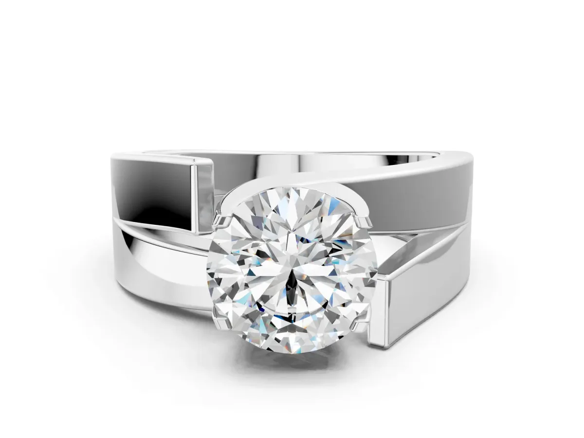 Modern Tension Set Round Cut Diamond Solitaire Wide Band Ring Silver
