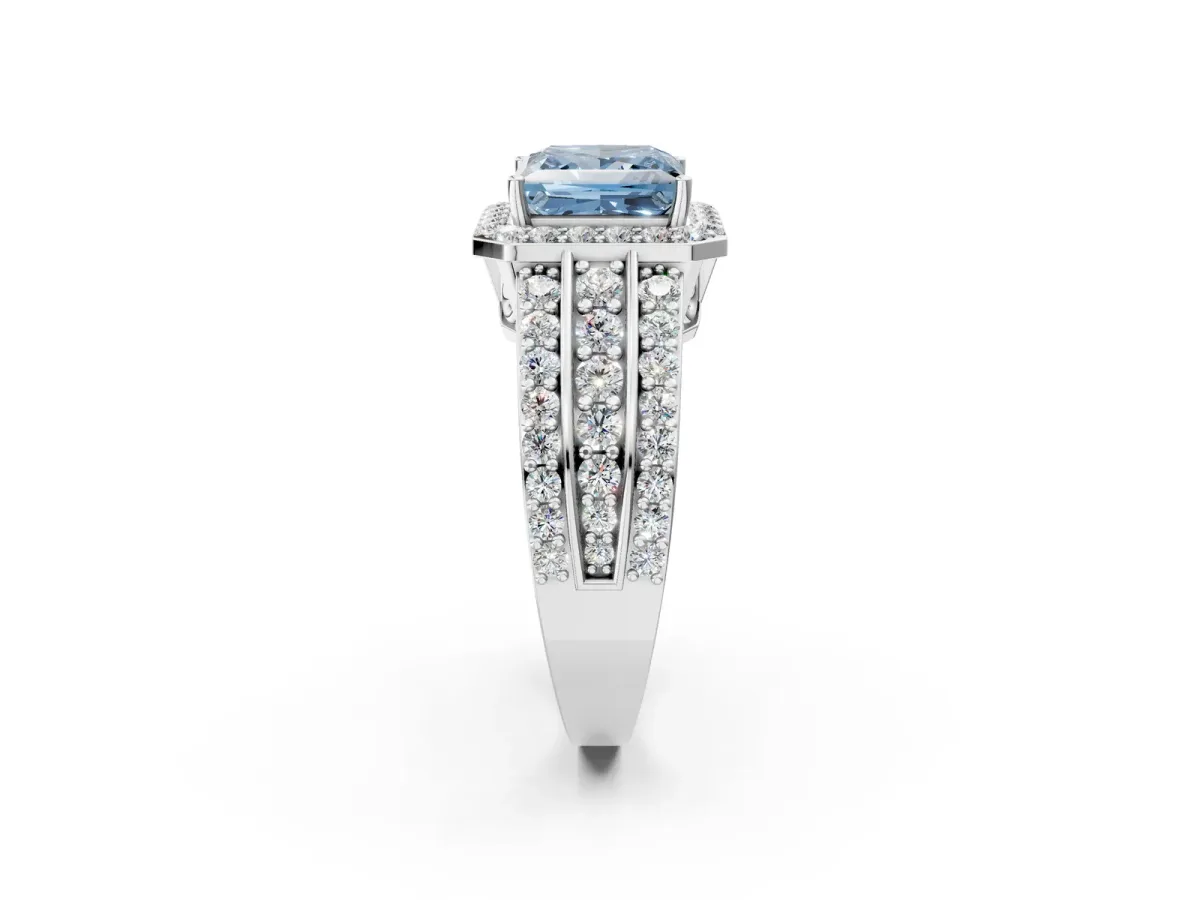 Fancy Blue Princess Cut Halo Diamond Ring with Round Split Shank and Prong Setting Silver