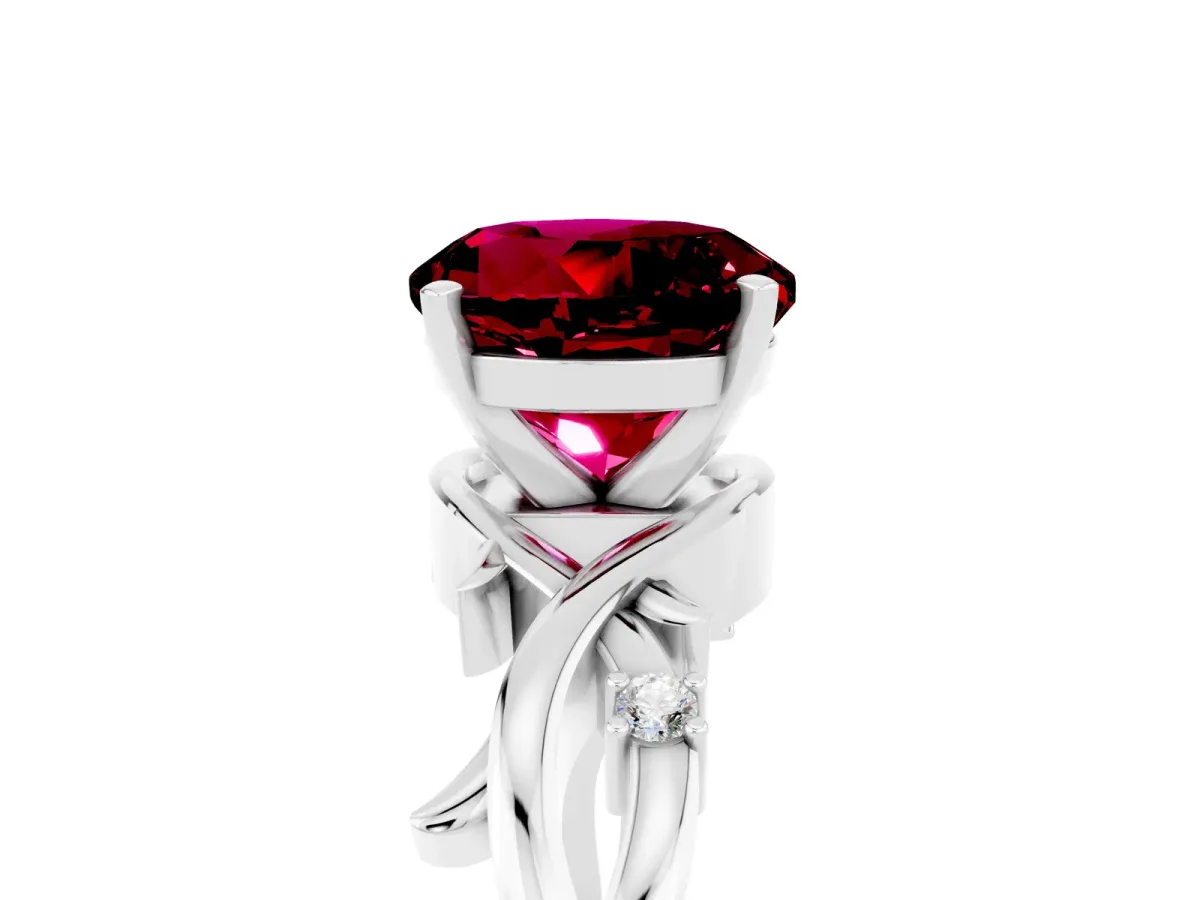 Round Cut Garnet Solitaire Ring with Twisted Band and Prong Setting Platinum