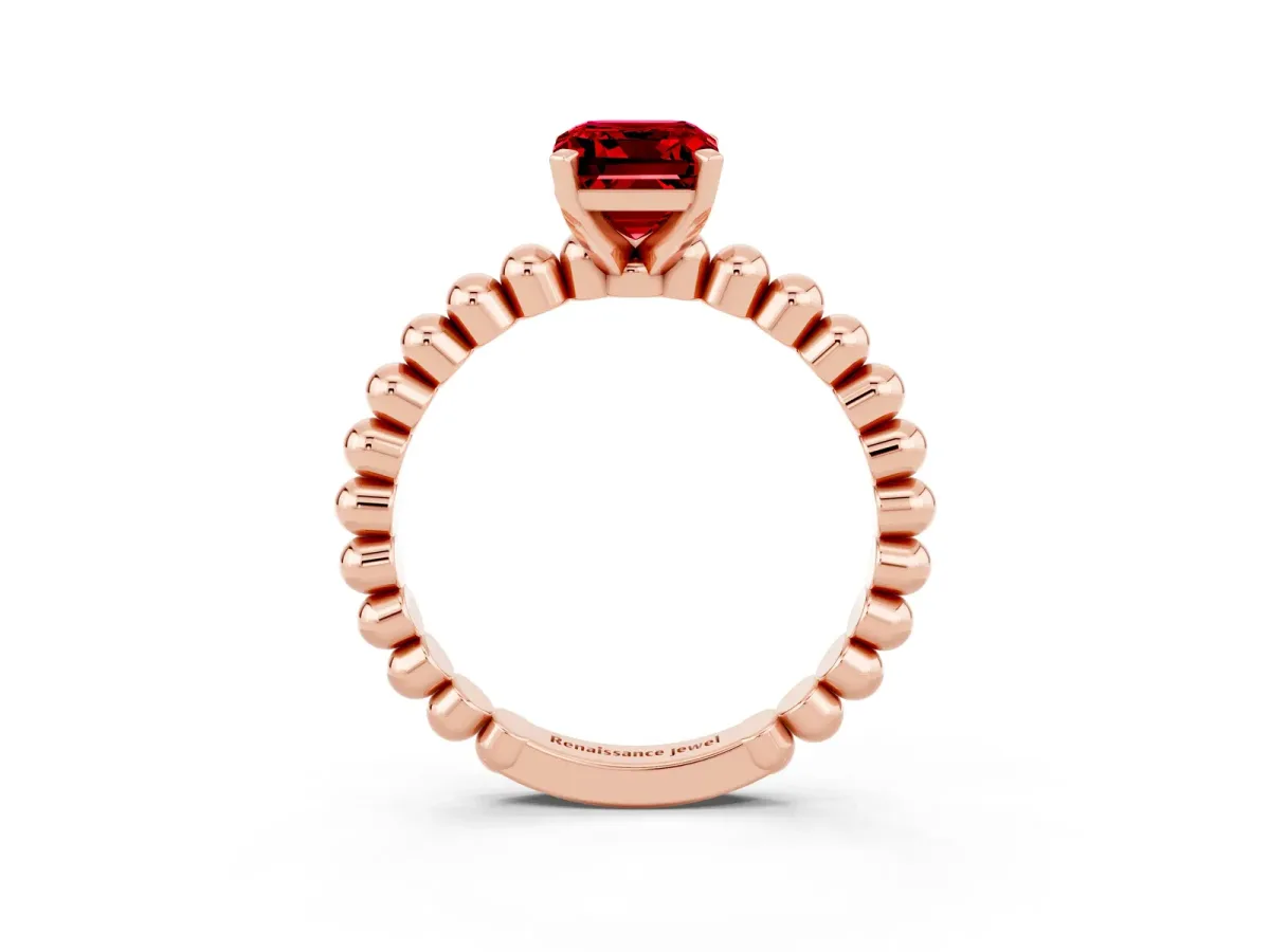 Emerald Cut Ruby Solitaire Ring with Beaded Band and Prong Setting Rose gold