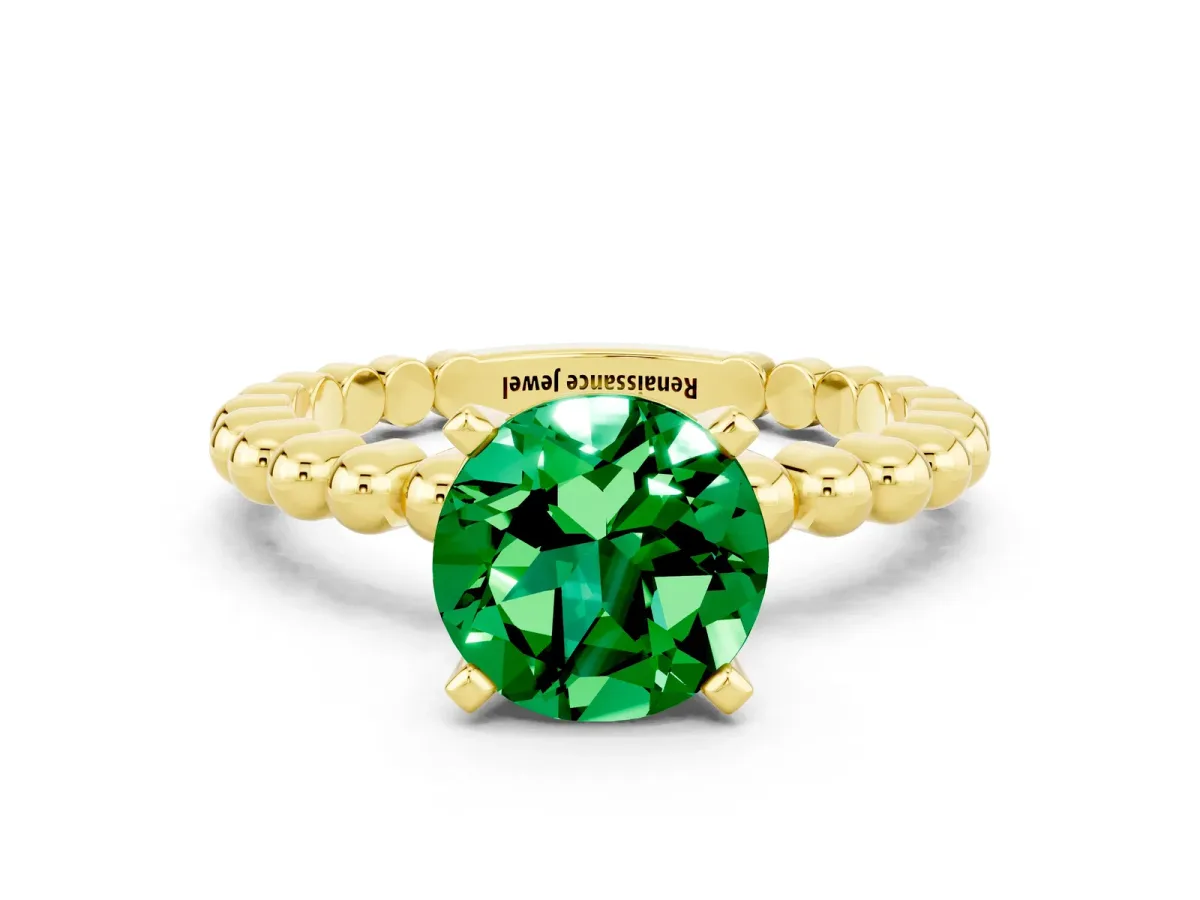 Round Cut Emerald Solitaire Ring with Beaded Band and Prong Setting Yellow gold