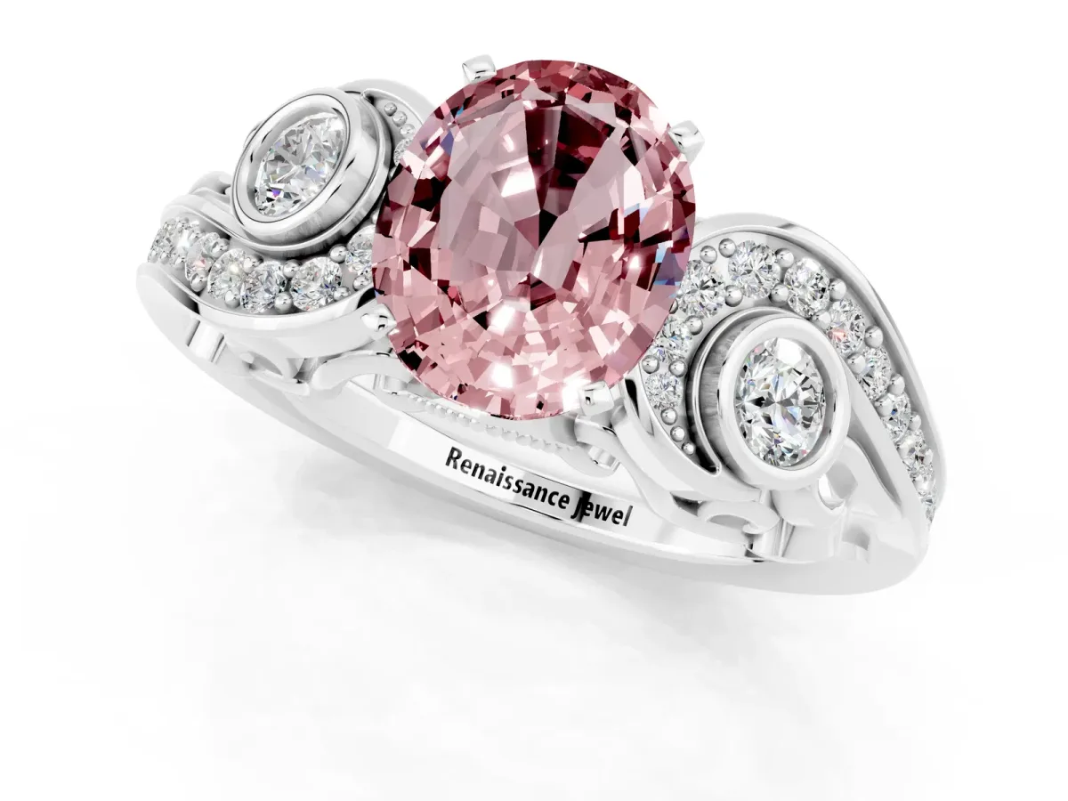 Oval Cut Morganite Solitaire Ring with Milgrain Pavé Band and Four-Prong Setting Silver