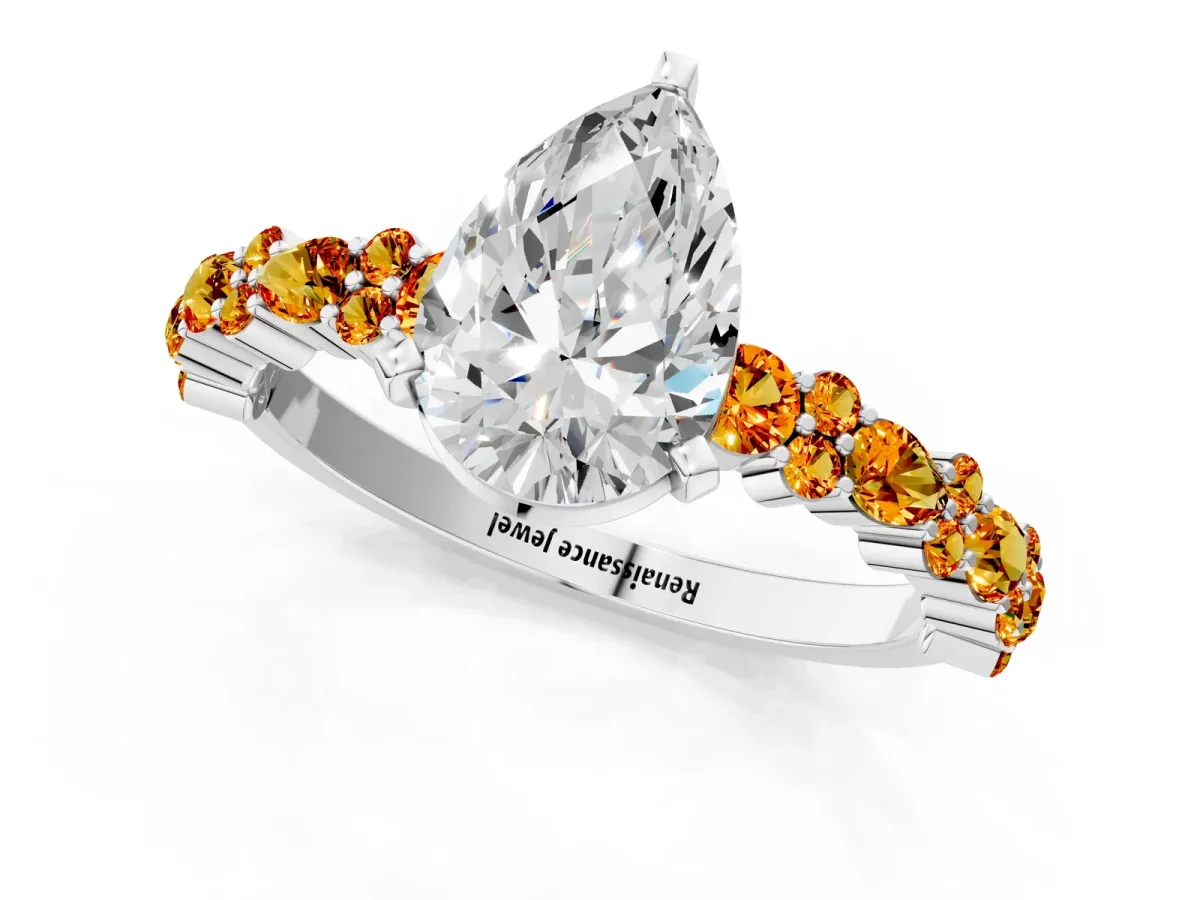 Pear Cut Diamond Side Stone Solitaire Ring with Round Citrine and Four-Prong Setting White gold
