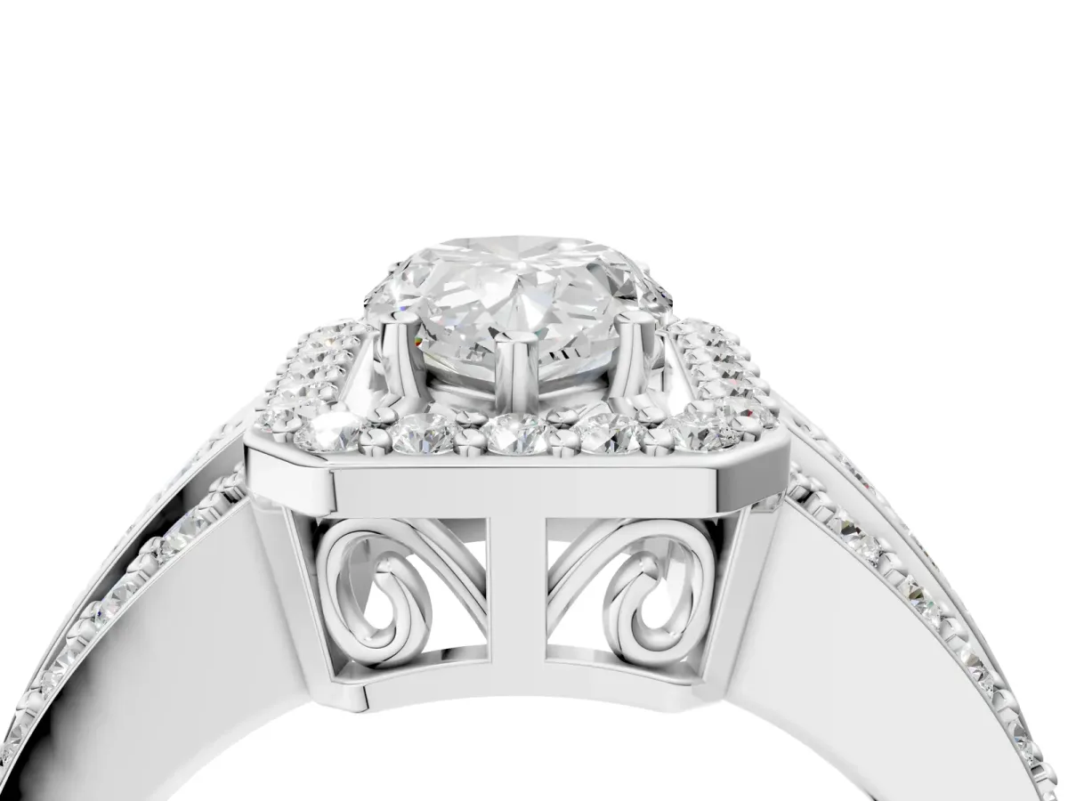 Pear Cut Halo Diamond Ring with Round Moissanite Split Shank and Prong Setting Silver