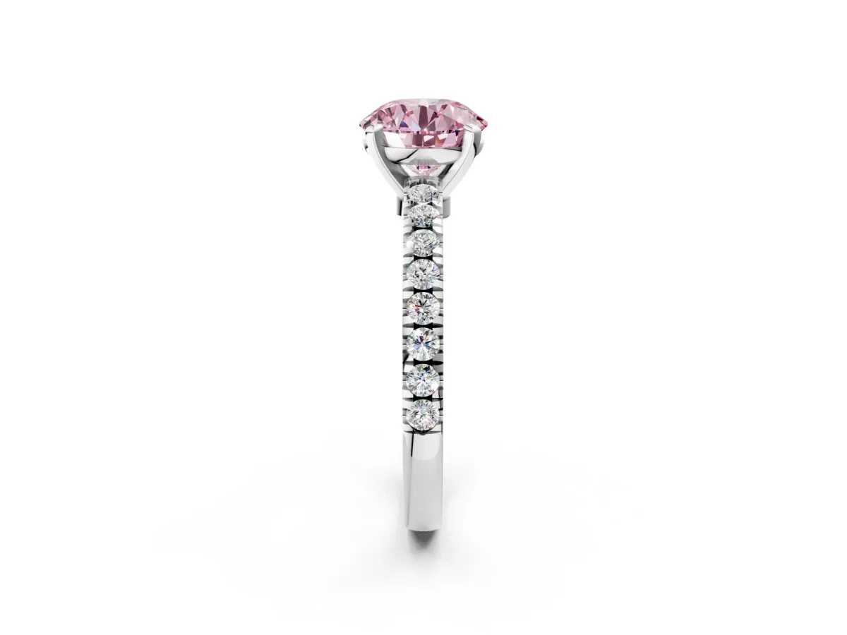 Fancy Pink Round Cut Solitaire Diamond with Pavé Band and Four-Prong Setting Silver