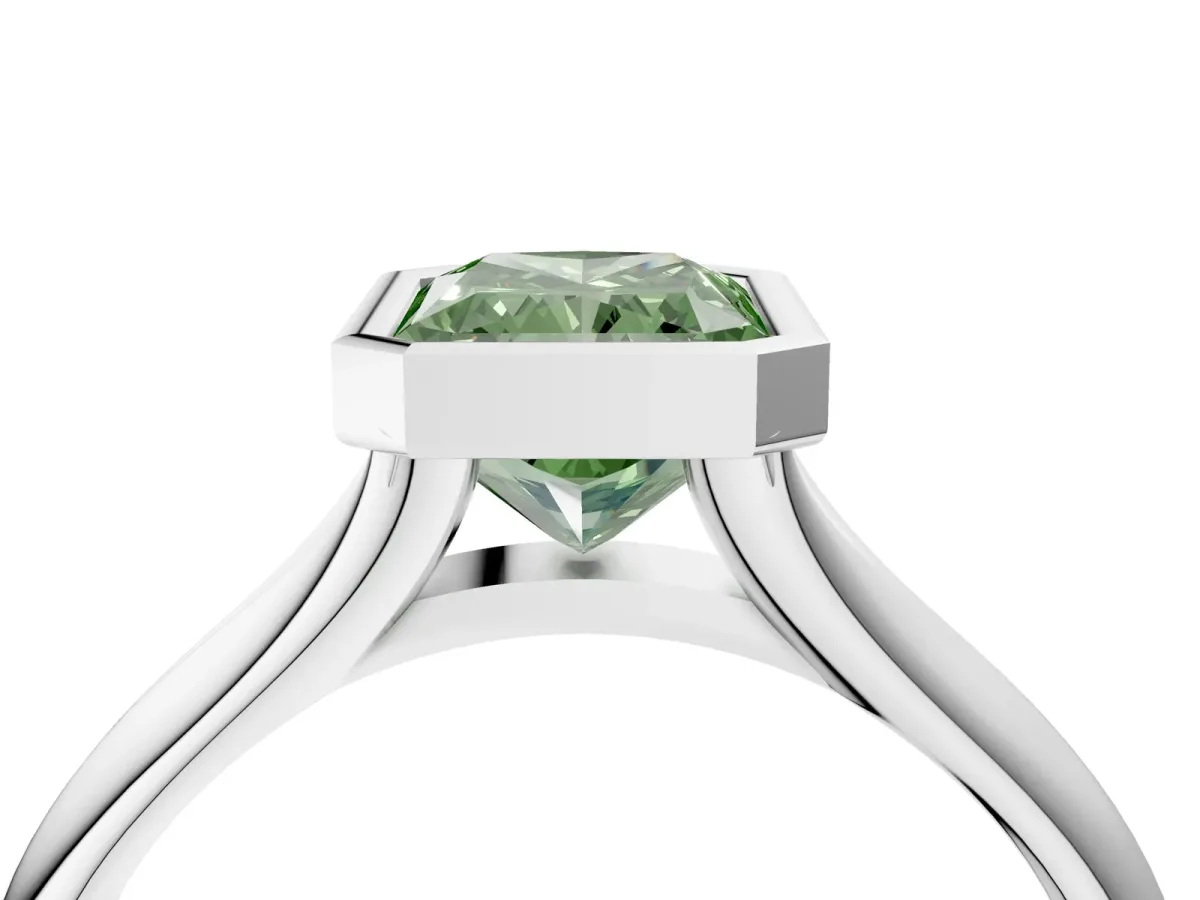 Fancy Green Bezel Set Radiant Cut Solitaire Diamond Ring with Smooth Band Platinum