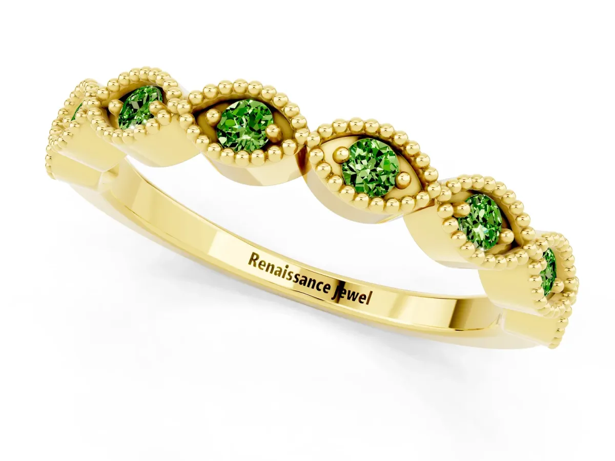 Milgrain Marquise Peridot Half Eternity Band with Bezel Setting Yellow gold