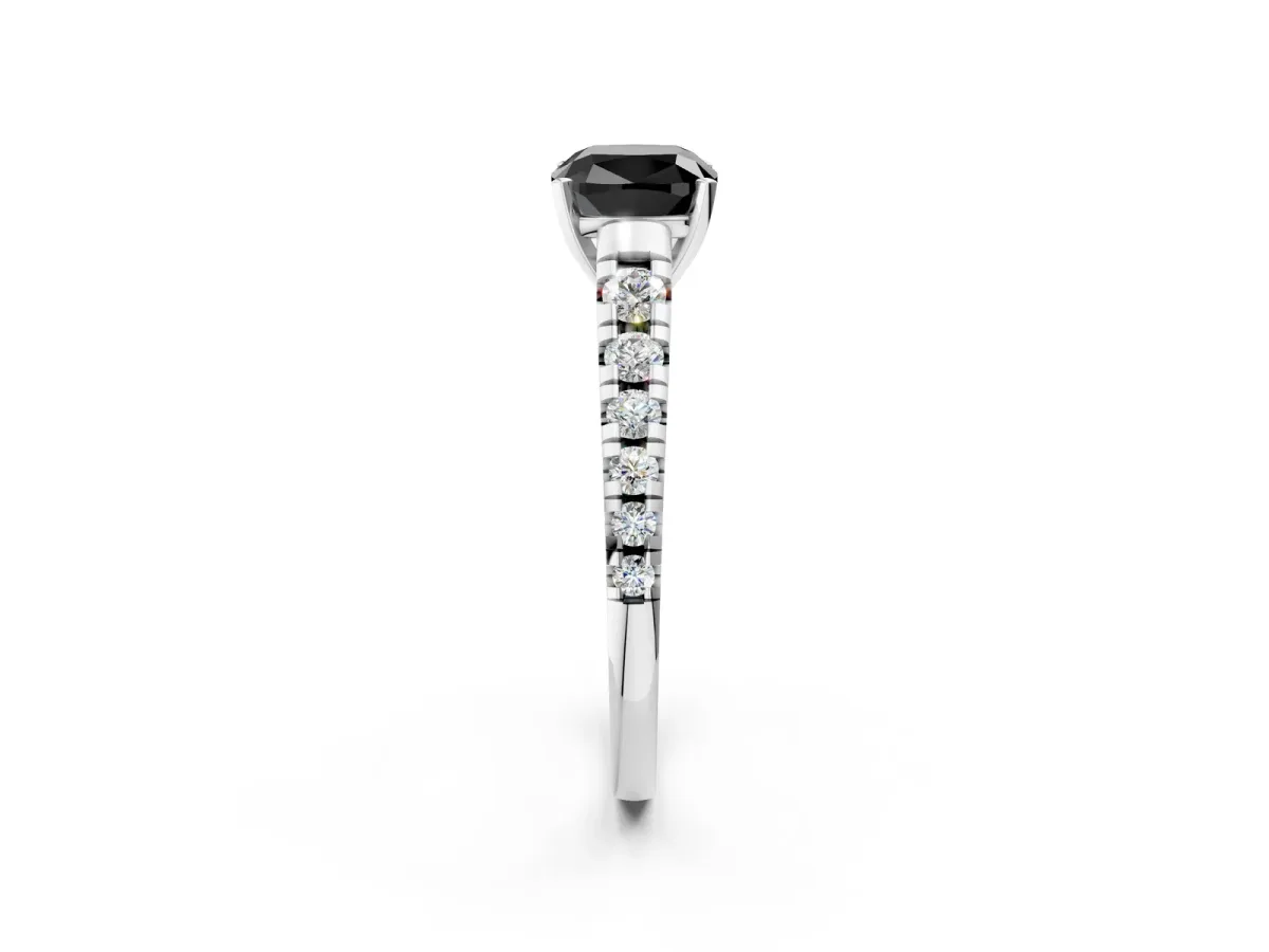 Fancy Black Cushion Cut Diamond Cathedral Solitaire Ring with Round Pavé Band Silver