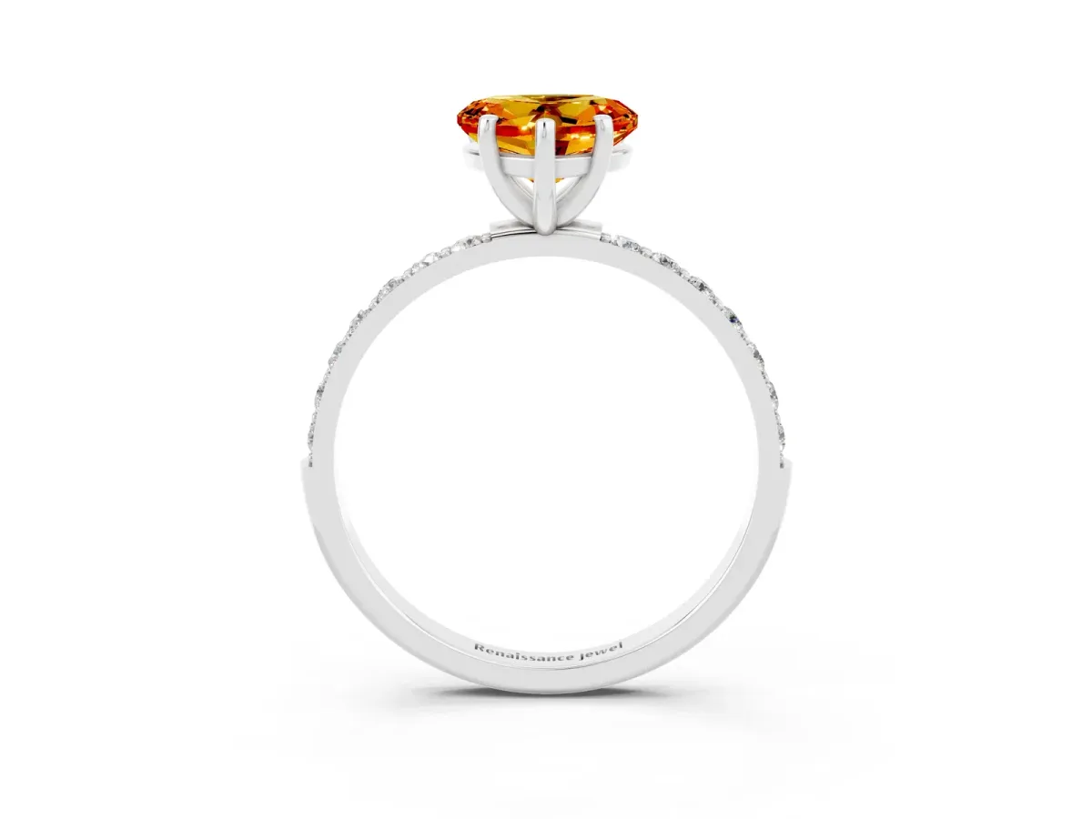 Heart Cut Citrine Solitaire Ring with Round Pavé Band and Prong Setting Silver