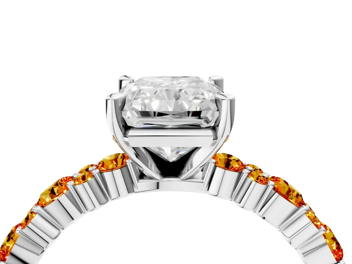 Radiant Cut Diamond Side Stone Solitaire Ring with Round Citrine and Four-Prong Setting Platinum