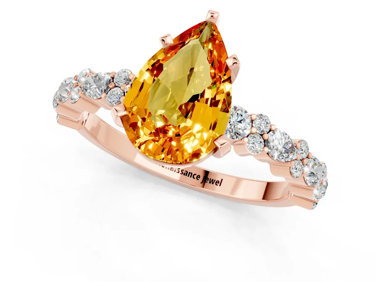 Pear Cut Citrine Side Stone Solitaire Ring with Round and Four-Prong Setting Rose gold