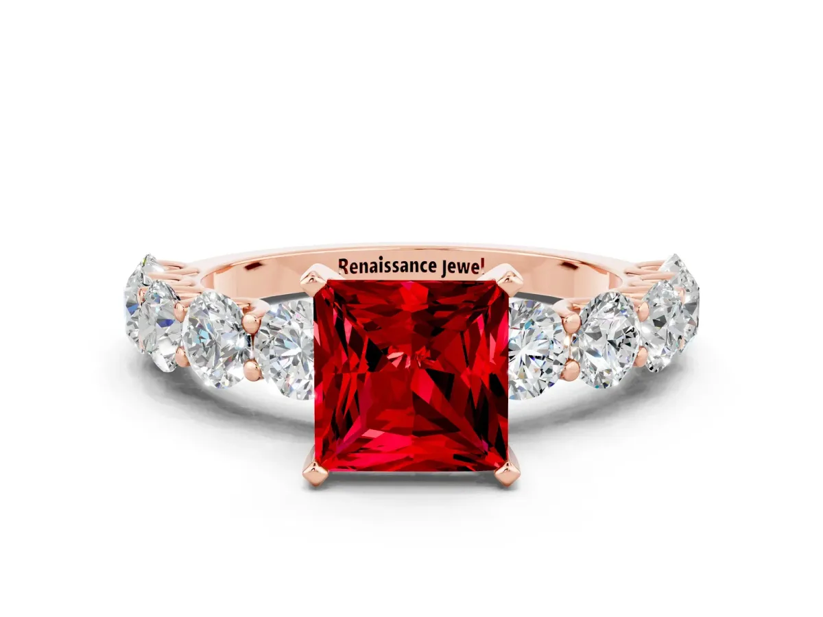 Princess Cut Ruby Prong Setting with Side Stones on a Pave Band Rose gold
