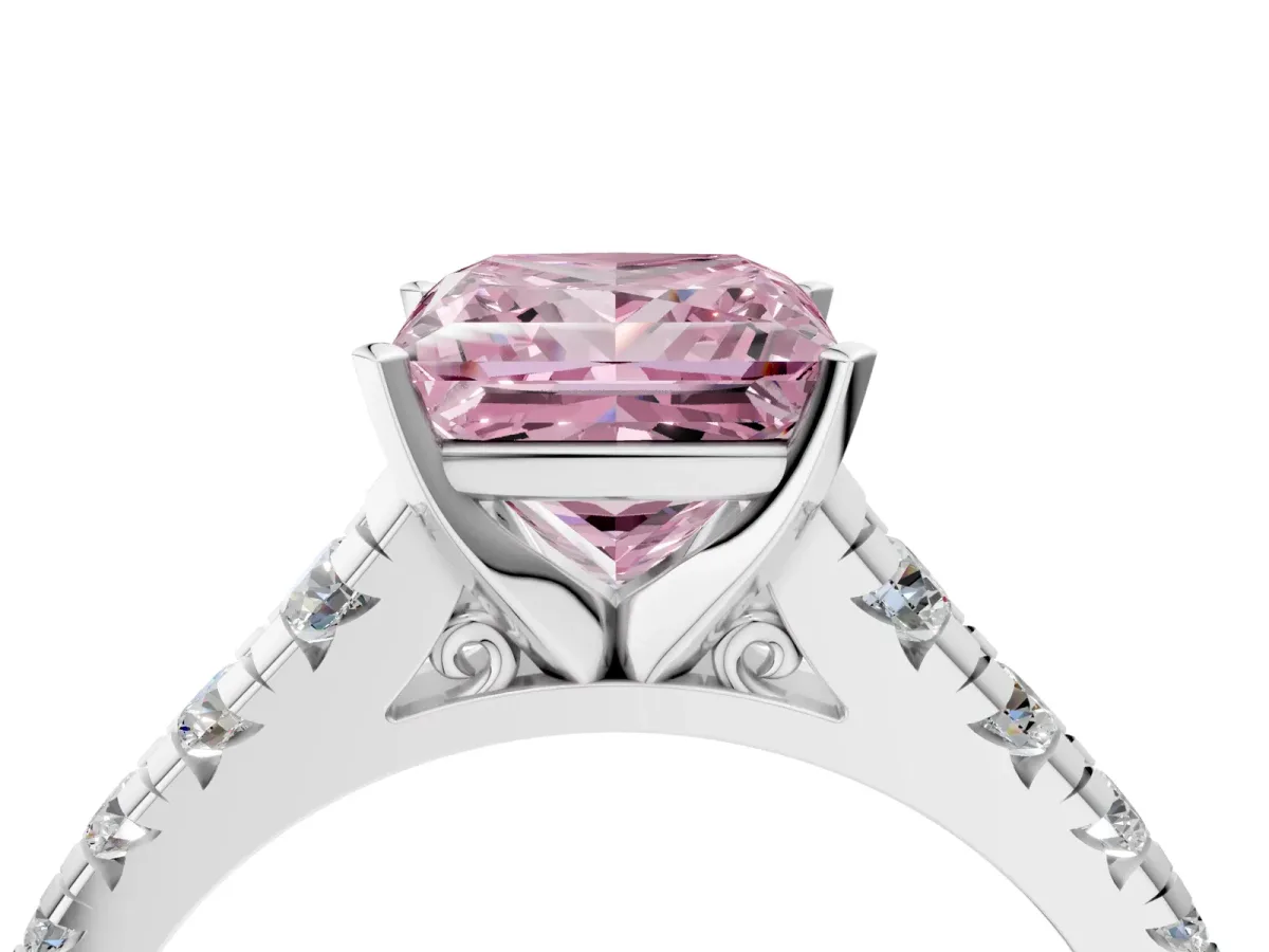 Fancy Pink Princess Cut Diamond Cathedral Solitaire Ring with Round Pavé Band Silver