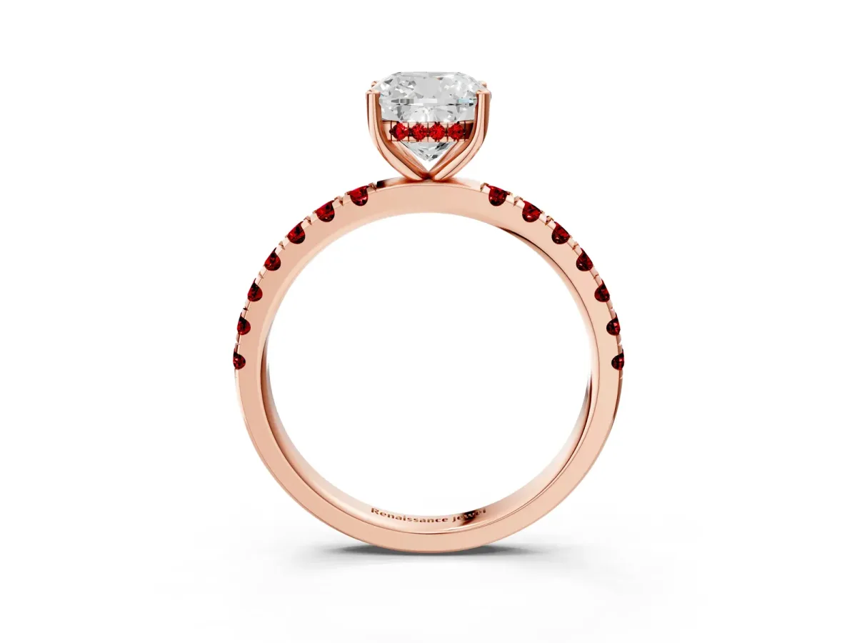 Cushion Cut Diamond Pave Band Solitaire Ring with Round Ruby and Prong Setting Rose gold