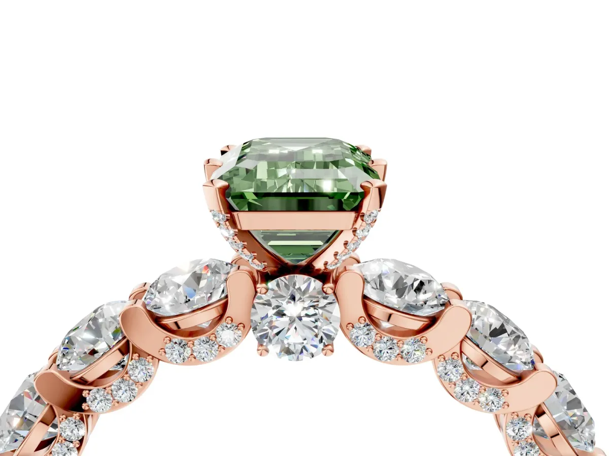 Fancy Green Emerald Cut Diamond Side Stone Engagement Ring with Four-Prong Setting Rose gold