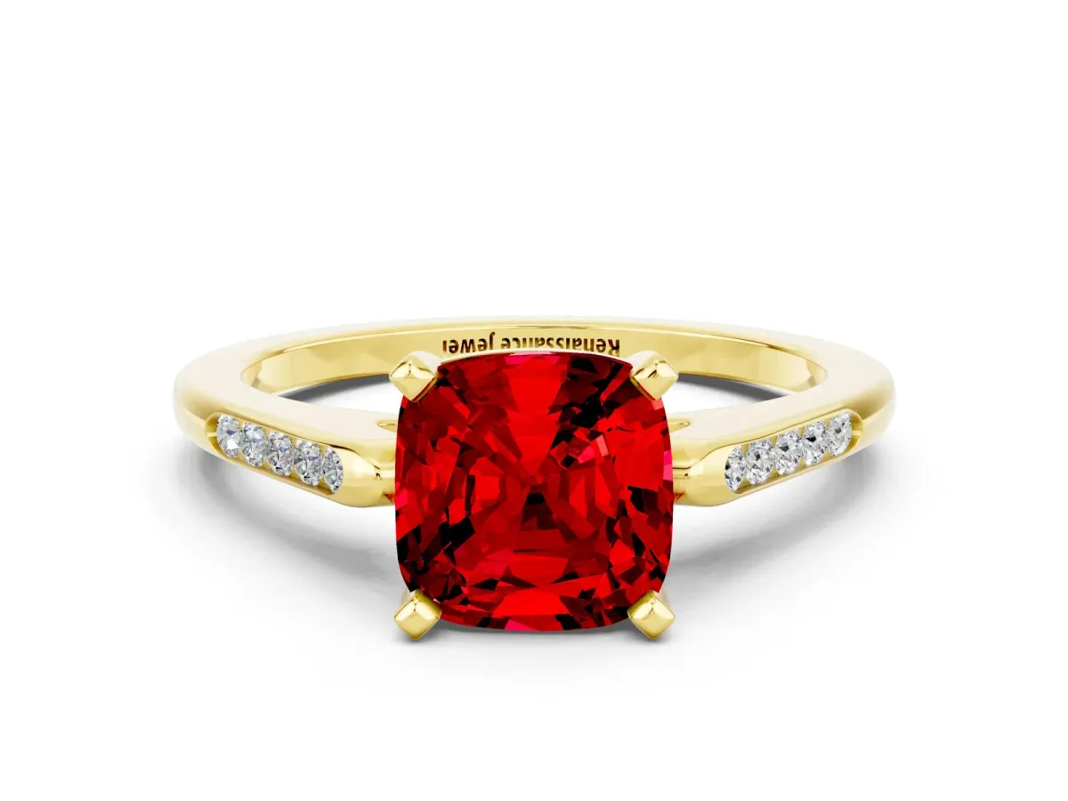 Cushion Cut Ruby Solitaire Ring with Channel Set Round Band and Prong Setting Yellow gold