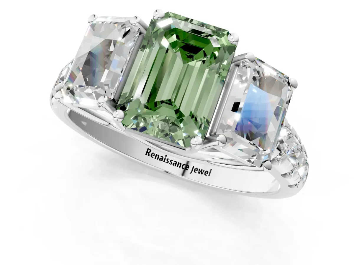 Fancy Green Three-Stone Emerald Cut Diamond Pavé Band with Prong Setting Platinum