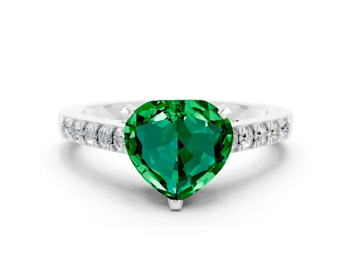 Heart Cut Emerald Solitaire Ring with Crossover Gallery and Round Pavé Band Silver