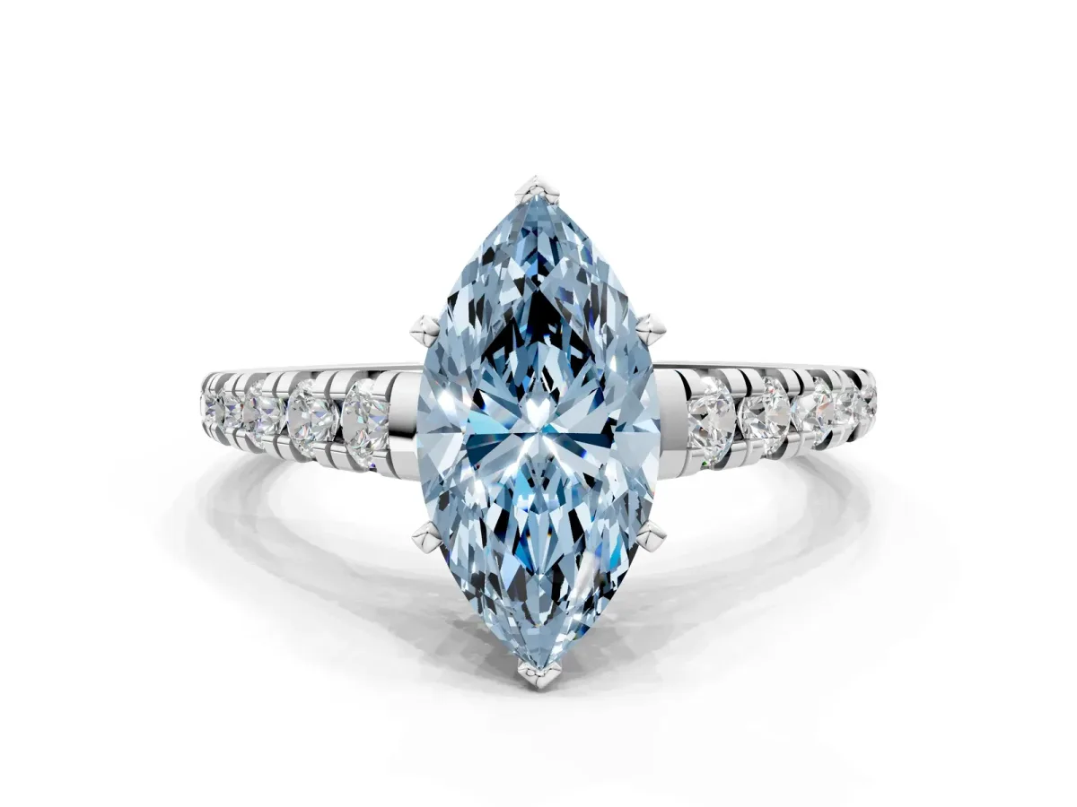 Fancy Blue Marquise Cut Diamond Cathedral Solitaire Ring with Round Pavé Band Silver