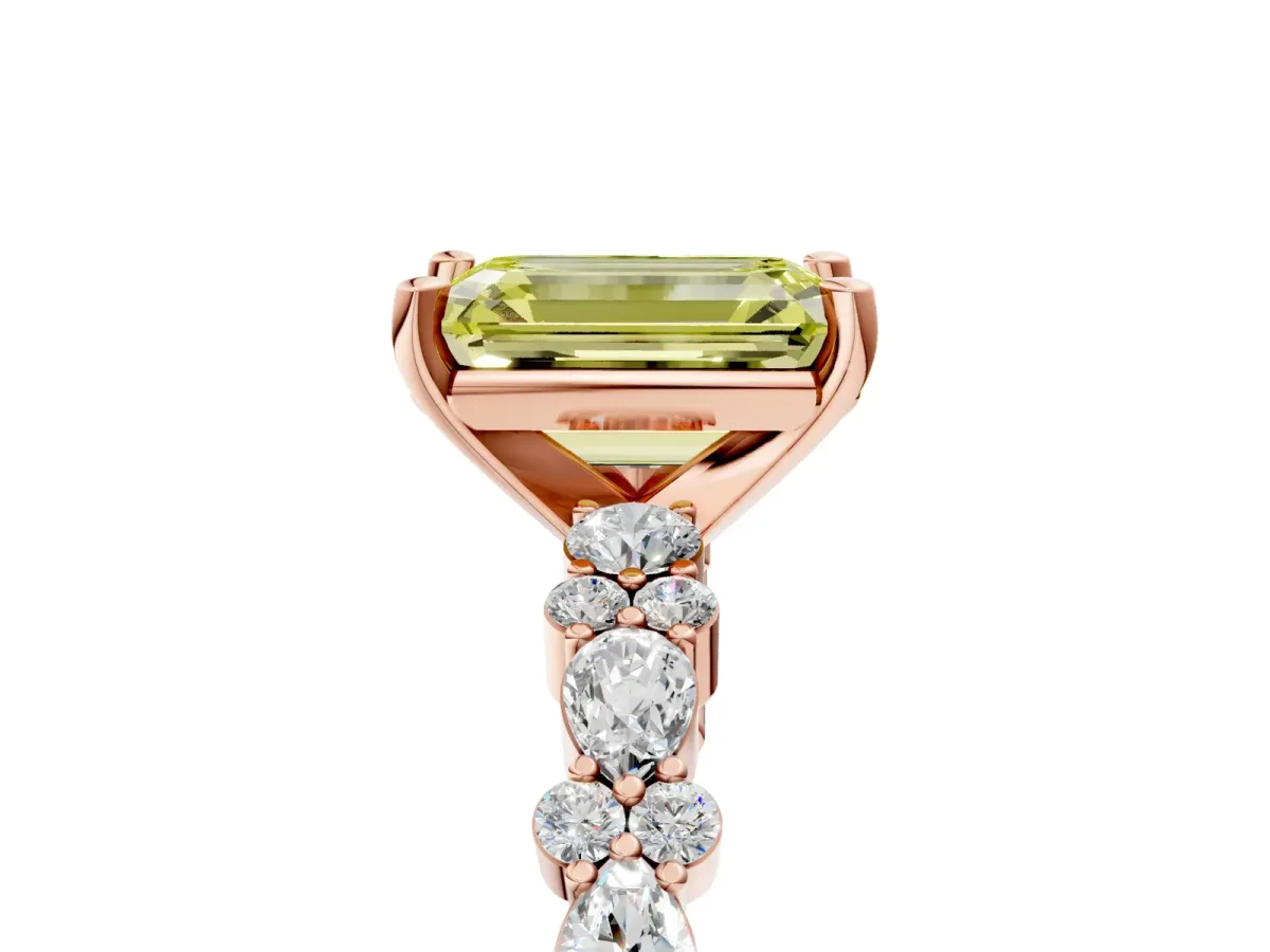 Fancy Yellow Emerald Cut Diamond Side Stone Solitaire Ring with Round and Four-Prong Setting Rose gold