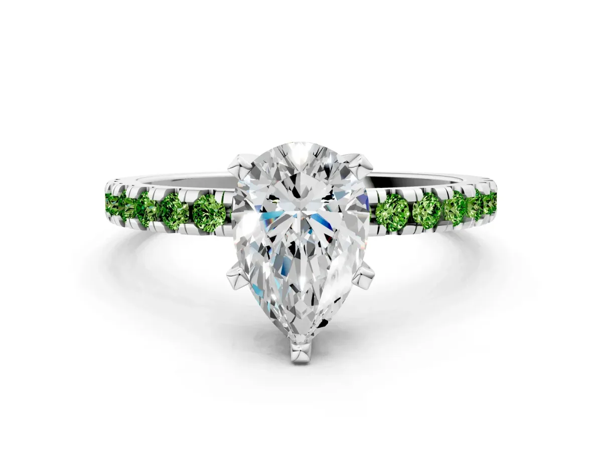 Pear Cut Diamond Solitaire Ring with Round Peridot Pavé Band and Four-Prong Setting Silver