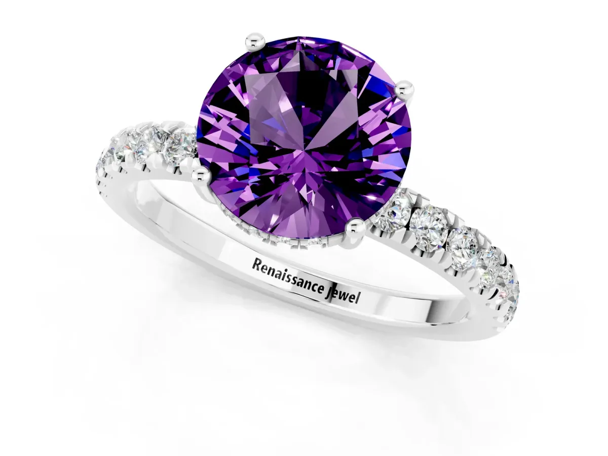 Round Cut Amethyst Pave Band Solitaire Ring with Round and Prong Setting Platinum