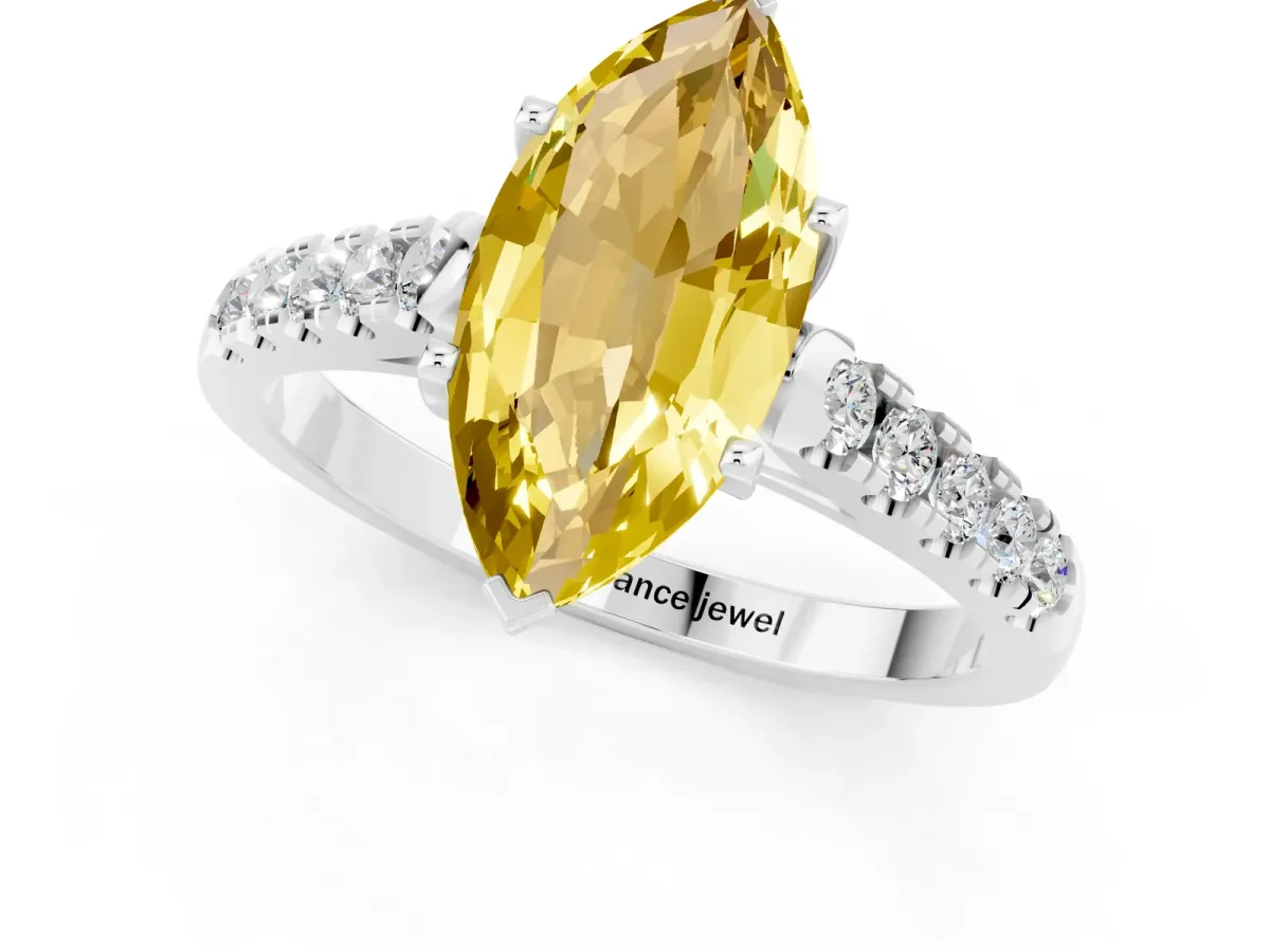 Marquise Cut Yellow Sapphire Pavé Band Solitaire Ring with Prong Setting Silver