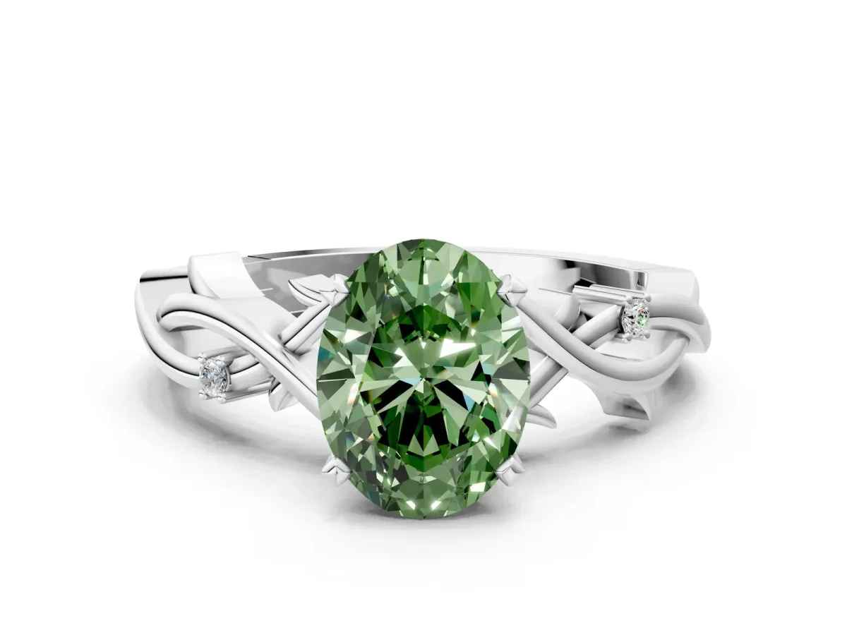 Fancy Green Oval Cut Diamond Solitaire Ring with Twisted Band and Prong Setting Platinum