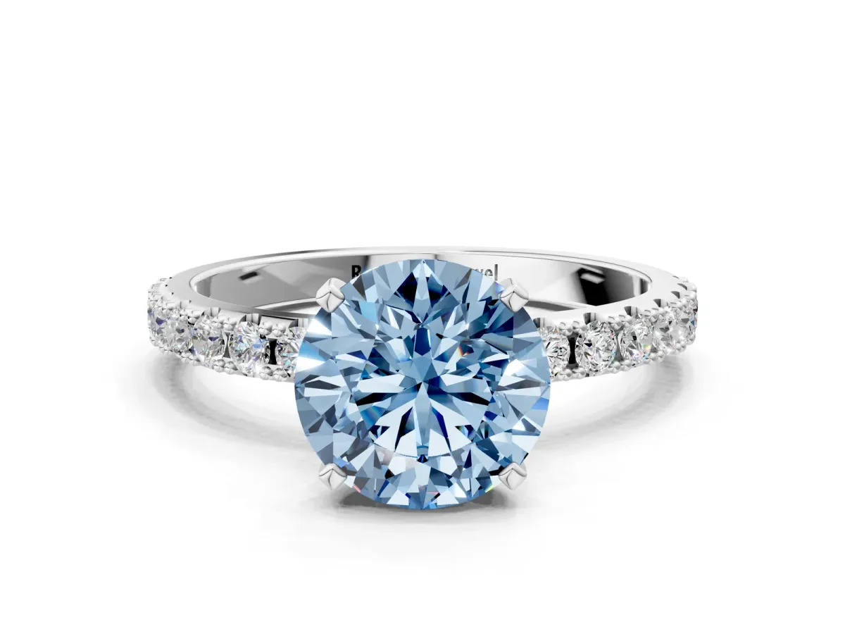 Fancy Blue Round Cut Diamond Solitaire Pavé Band with Four-Prong Setting Platinum