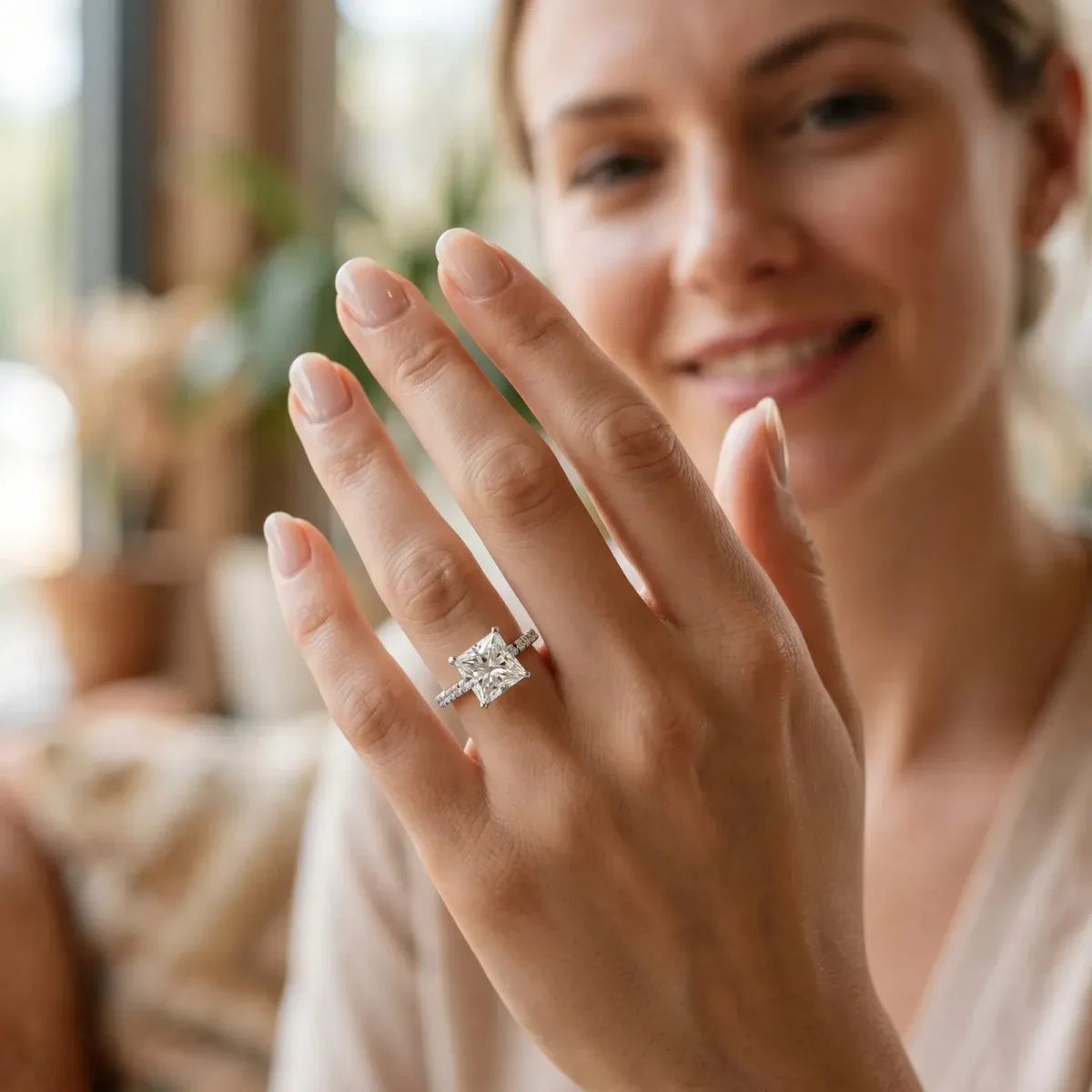 Princess Cut Diamond Solitaire Pavé Band with Four-Prong Setting Silver