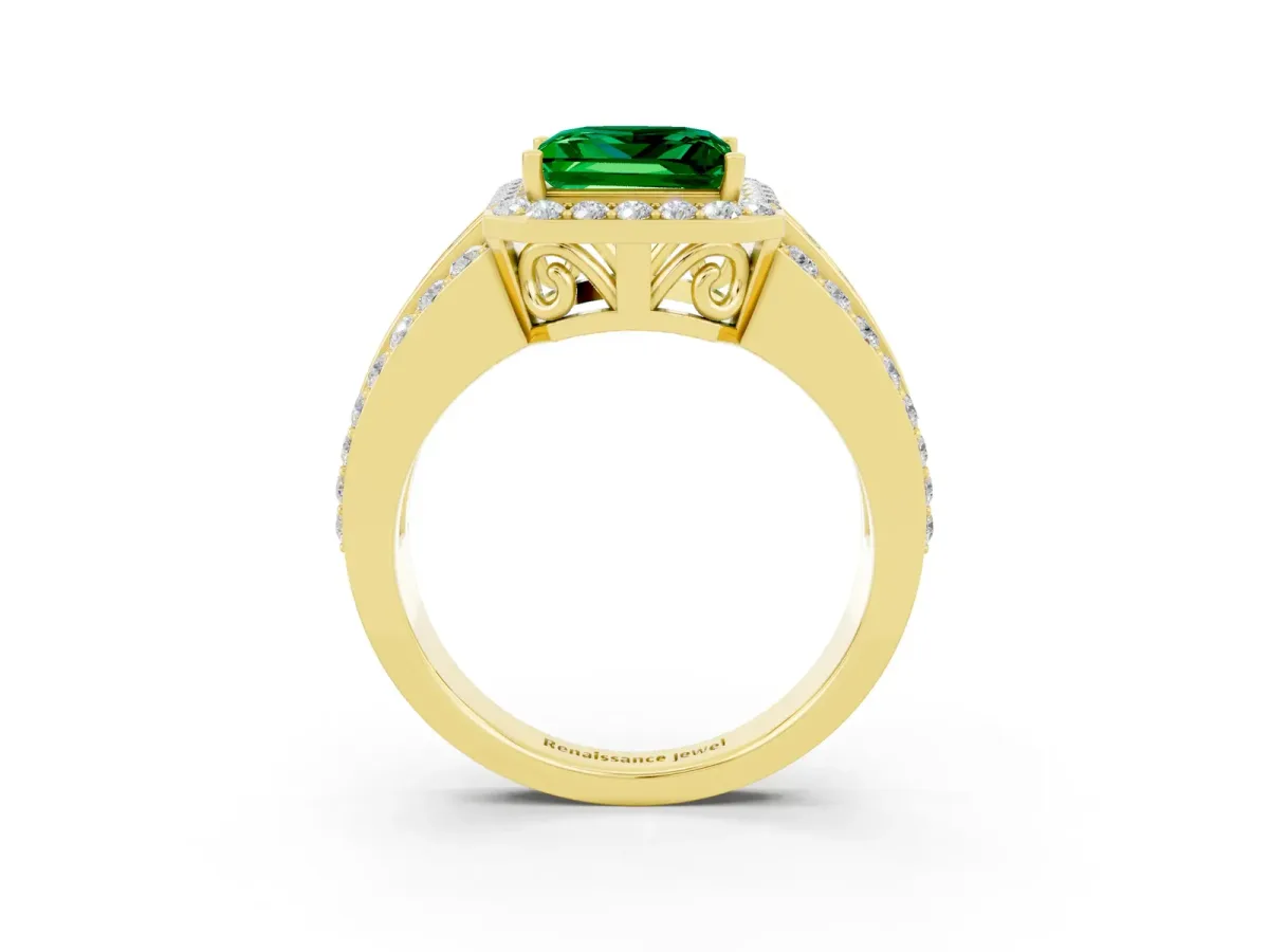 Princess Cut Halo Emerald Ring with Round Split Shank and Prong Setting Yellow gold