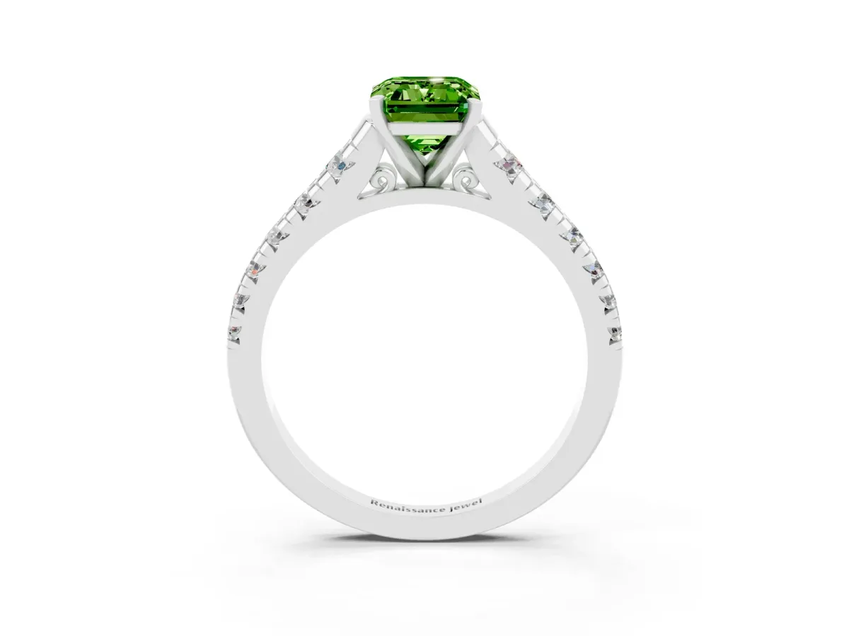 Emerald Cut Peridot Cathedral Solitaire Ring with Round Pavé Band Silver