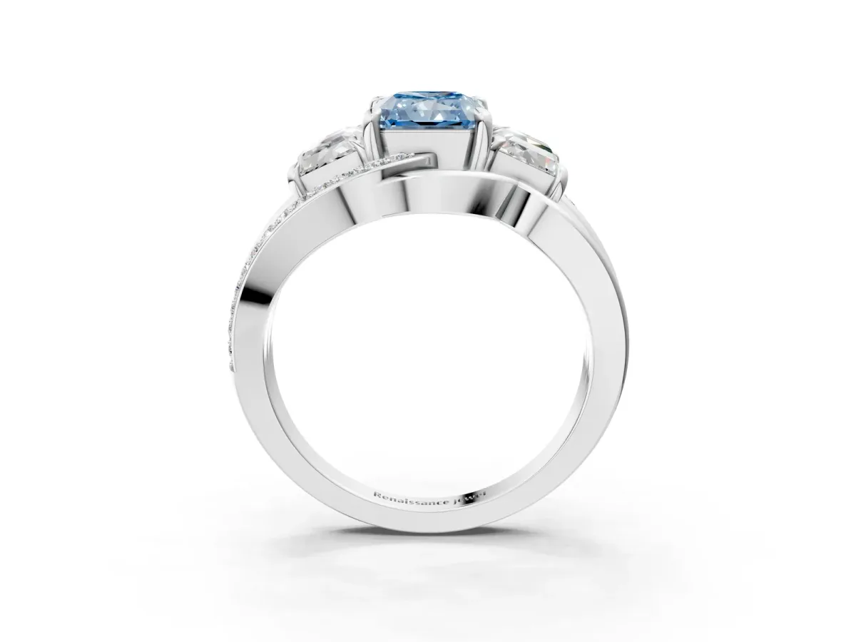 Fancy Blue Three-Stone Radiant Cut Cut Diamond Split Shank Prong Set Ring Platinum
