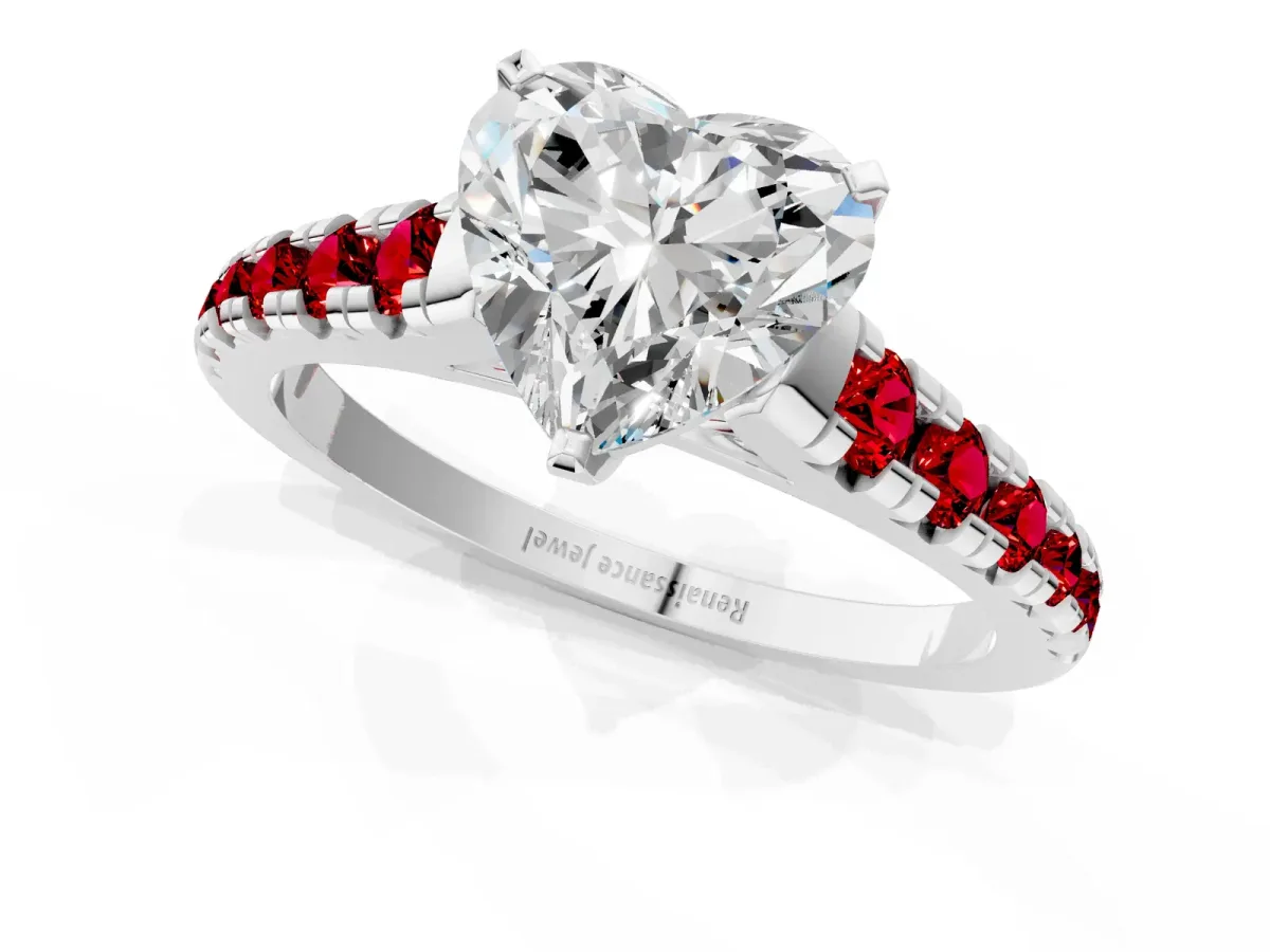 Heart Cut Diamond Cathedral Solitaire Ring with Round Ruby Pavé Band Platinum