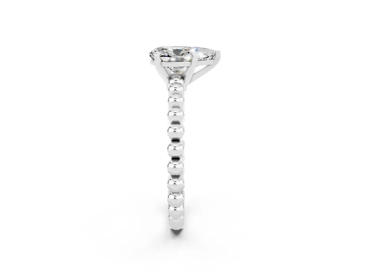 Pear Cut Moissanite Solitaire Ring with Beaded Band and Prong Setting Platinum