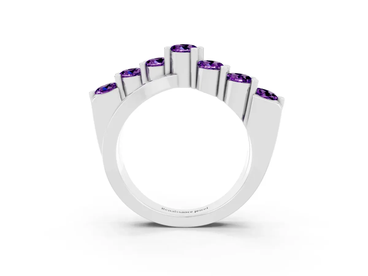 Round Amethyst Prong-Set Crossover Band White gold