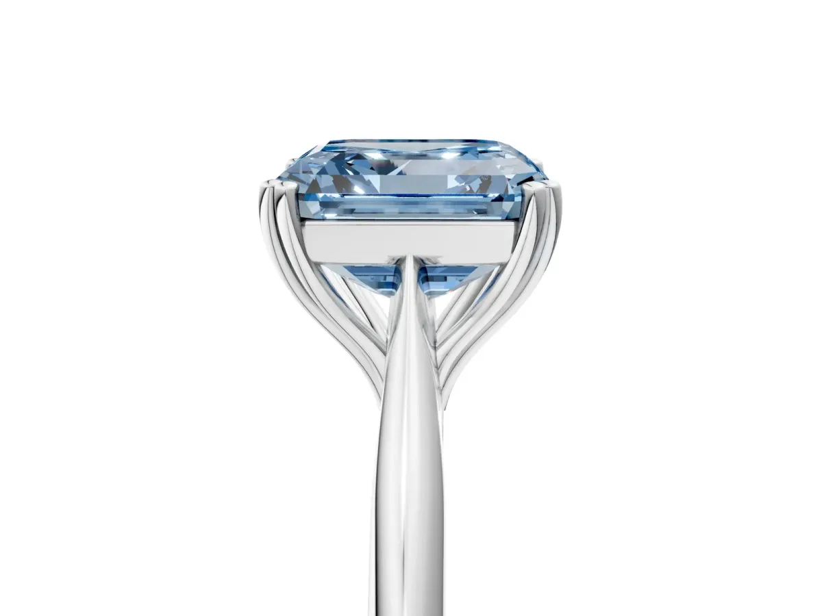 Fancy Blue Asscher Cut Solitaire Diamond Ring with Six-Prong Setting and Classic Band Platinum