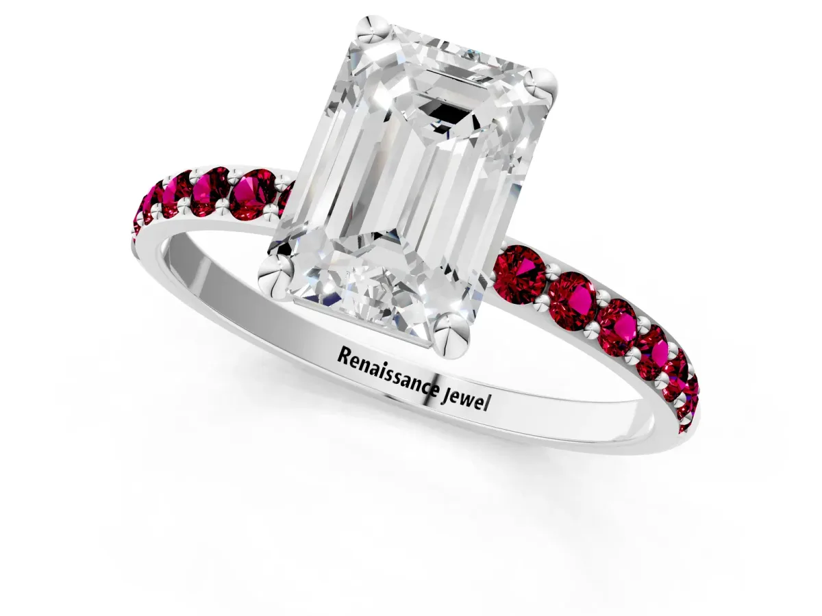 Emerald Cut Diamond Solitaire Ring with Round Garnet Pavé Band and Prong Setting Platinum