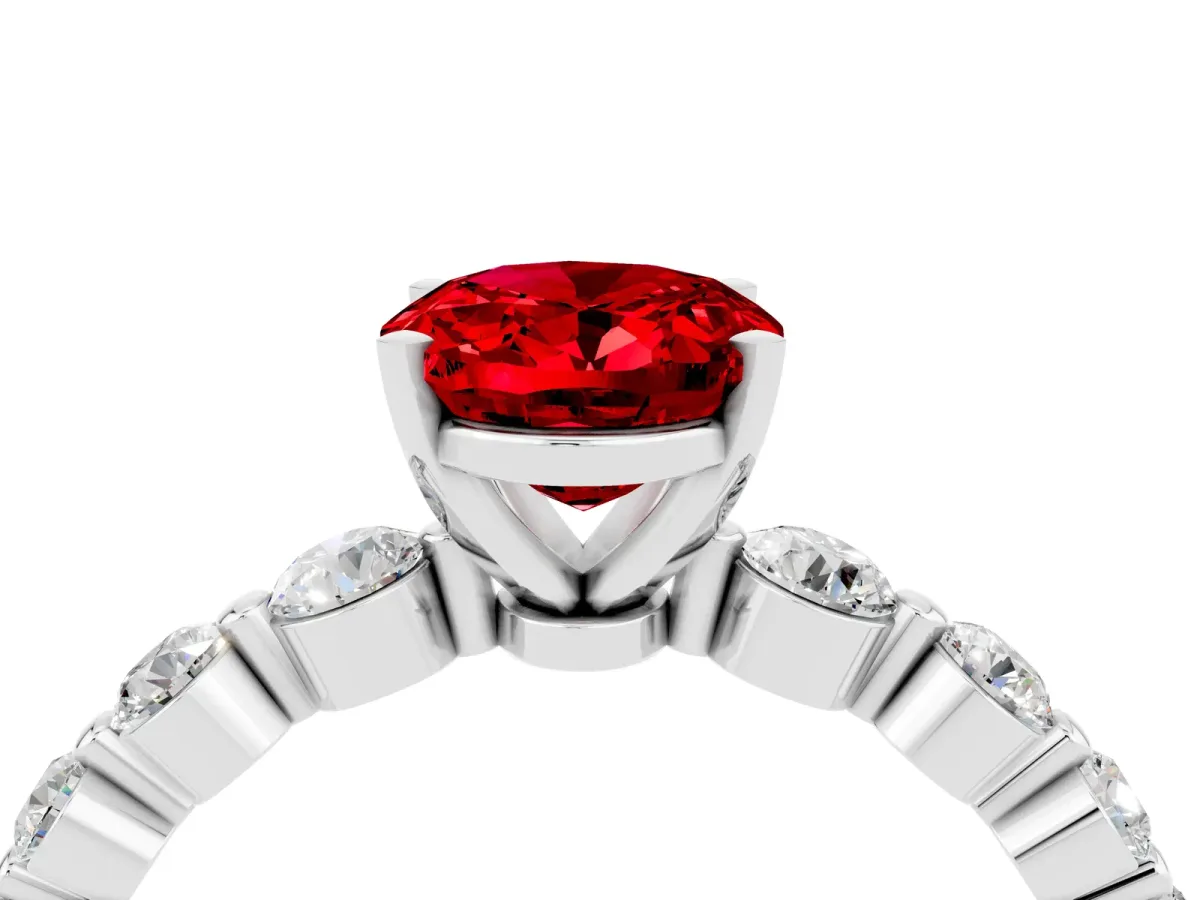 Oval Cut Solitaire Ruby Ring with Pave Band and Four-Prong Setting Silver
