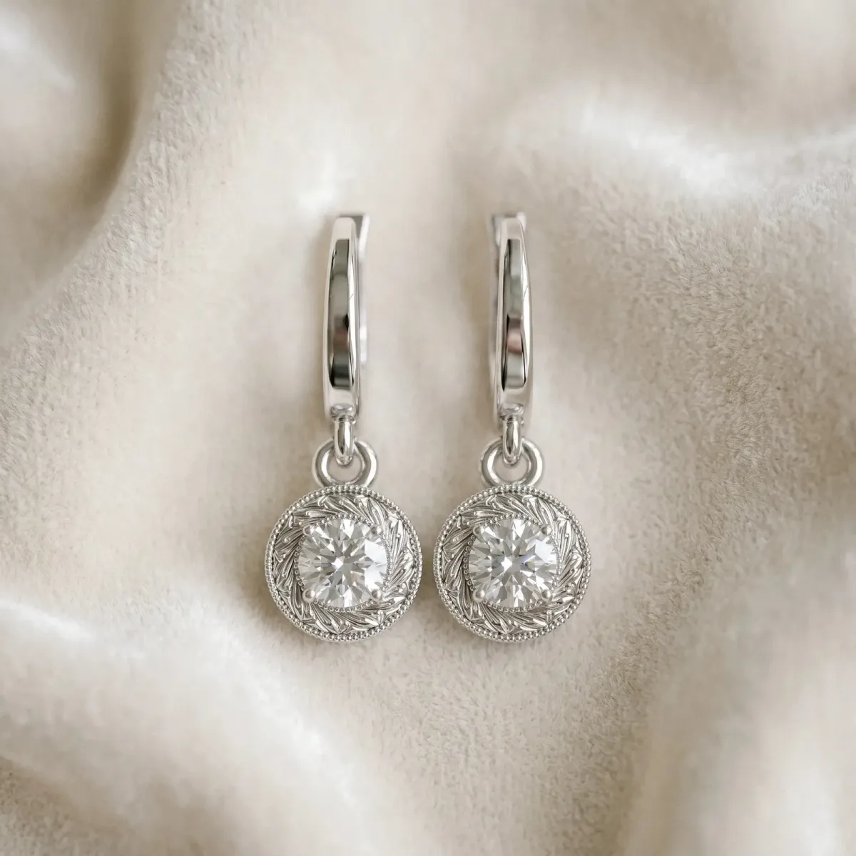 Round Cut Milgrain Bezel Set Leverback Earrings Silver