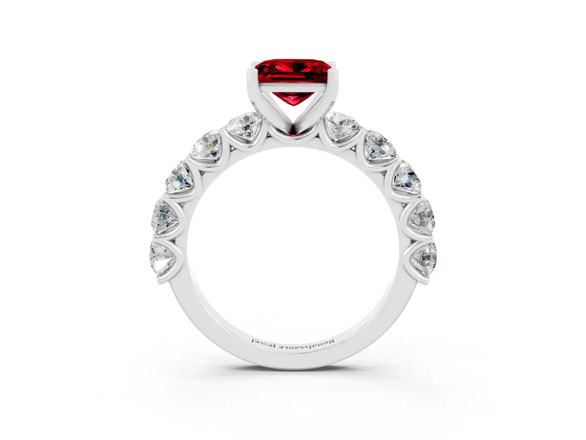 Princess Cut Ruby Prong Setting with Side Stones on a Pave Band Platinum