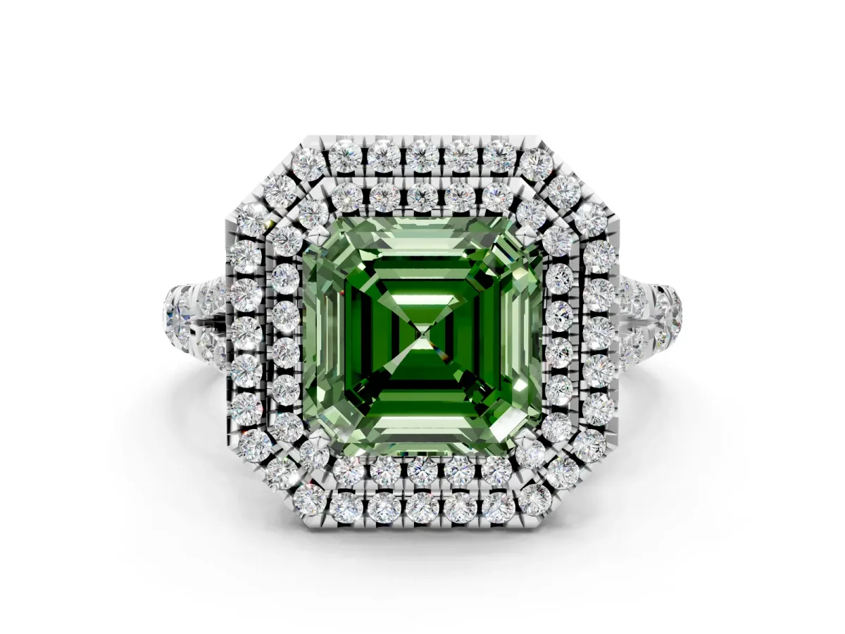 Fancy Green Asscher Cut Diamond Pavé Split Shank Double Halo Engagement Ring Platinum